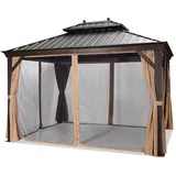 PURPLE LEAF Pavillon Außenbereich Alu Gartenpavillon mit Stahldach Hardtop und Seitenteile, Metall Pavillon mit Netzen und Vorhängen Permanenter braun 300 cm x 425 cm