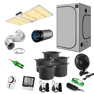 canna4home GrowBox Komplettset 100 x 100 x 200cm grau Anbau Set Gewächshaus mit dimmbarer LED Vollspektrum Grow-Lampe, mit Abluftset, Pflanztöpfe, Clipventilator und Zubehör Homebox Zuchtzelt