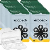 120x ecopack Hörgerätebatterien 10 (Gelb), 20x6er Blister PR70 1,4V + Aufbewahrungsbox für 2 Hörgerätebatterien (alle Größen), transparente Batteriebox für Zwei Knopfzellen bis 12 mm x 6 mm (Ø x H)