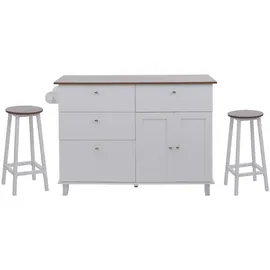 MCW Kücheninsel MCW-P62 mit 2 Sitzhockern, Küchenschrank Schublade Staufächer MDF 90x131x47cm weiß, dunkles Holz