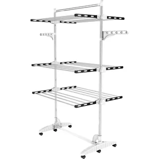 Todeco Wäscheständer Turm Klappbar, Wäscheturm 3 Ebenen aus Edelstahlrohre, Turmtrockner mit 6X Rollen, Flügel, Obene Stange, Mobiler Turmwäscheständer für