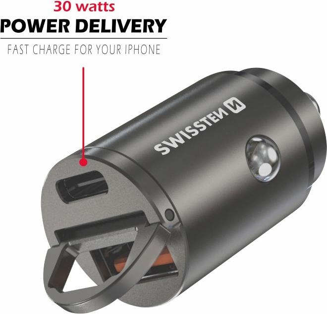 Swissten Car Adapter Power Delivery USB-C + Super Charge 3.0 30W NANO, Auto Adapter, Silber