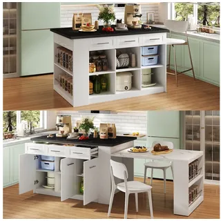 Flieks Kücheninsel mit ausziehbarer Esstisch und großer Stauraum, (Schrankmaße: B150/T90/H90 cm, Tischmaße: B96/T80/H75 cm), Küchenschrank mit Arbeitsplatte Marmoroptik Buffetschrank Inselküche weiß