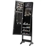 FANTASK Schmuckschrank drehbar, Schmuckregal neigungsverstellbar mit Ganzkörperspiegel, Spiegelschrank mit 64 Ohrringschlitzen, 20 Halskettenhaken, 72 Ringschlitzen, 4 Ablagen (Schwarz)