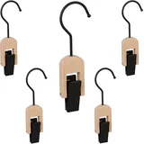 Relaxdays Klemmhaken 5er Set, gummiert, Kleiderklammer mit Haken, für Tücher & Mützen, aus Holz & Eisen, schwarz-Natur
