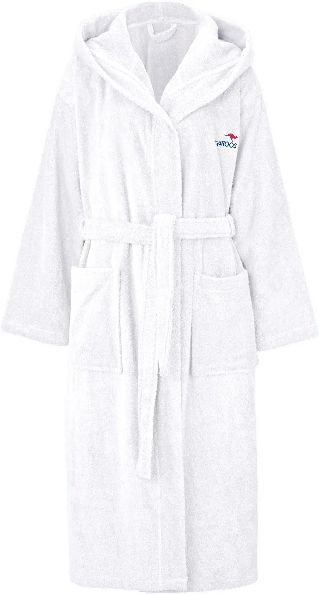 Unisex-Bademantel KANGAROOS "Cassidy, für Damen & Herren, Standardlänge & Überlänge" Gr. S, weiß, L:120cm, Walkfrottee, Hausmäntel, mit Taschen, Männer und Frauen, Baumwolle, Reise, Hotel, Sauna, S-3XL