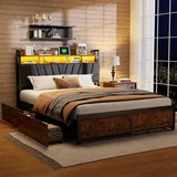 Fortuna Lai Polsterbett 140*200cm mit Lattenrost und Kopfteil, Jugendbett mit Led und Regal, Doppelbett Metallbett, Stauraumbett mit 4 Schubladen, ... - Schwarz