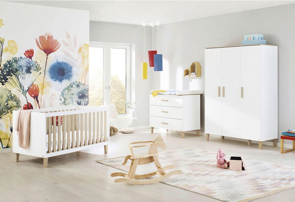 Pinolino Babyzimmer, Weiß, Eiche, Holzwerkstoff, 6 Fächer, 3 Schubladen, zum Juniorbett umbaubar, höhenverstellbar, Sprossen mit Normabstand, Sitzsofa Aufbauanleitung im Karton, Lattenrost inklusive, Schlupfsprossen, Babymöbel, Babyzimmer-Sets