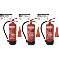 3 x 6 kg Brandengel ABC Pulver Feuerlöscher, EN3, 34 A, 183 B, C = 10 LE, Messingarmatur + Sicherheitsventil + Manometer + Wandhalter + Standfuß, Pulverlöscher (Mit Prüfnachweis u. Jahresmarke)