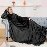 Aisbo TV Decke mit Ärmeln und Füßen - Übergroße Kuscheldecke mit Ärmel und Fußtasche, Decke zum Anziehen Erwachsene Wearable Blanket, Schwarz Ganzkörper Decke mit Armen als Geschenke für Frauen Männer