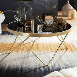 KADIMA DESIGN Beistelltisch `Retro-Charme`, schwarze Glasplatte, goldene Beine, 82 cm Durchmesser. 82x82x39 cm