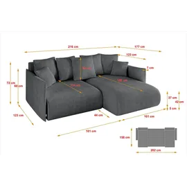 altdecor Ecksofa Cord mit Schlaffunktion 3-Sitzer Dunkelgrau
