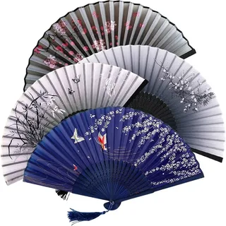 4 Stück Faltbare Fächer Handfächer, Taschenfächer Faltfächer, Set Handfächer aus Holz, Chinesische Handfächer für Hochzeit Sommer Party, Wa...