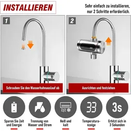 ulisem Wasserhahn mit Durchlauferhitzer, Elektrischer Durchlauferhitzer 360° Led Temperaturanzeige, Einhebelmischer, schwenkbar, 3000w