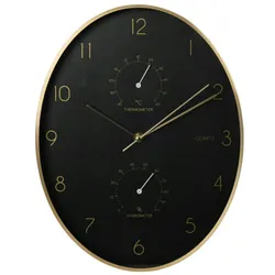 WellHome - Moderne Wanduhr mit goldumrandetem Thermometer und Hygrometer 34,5x27,1cm