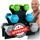 Miweba Sports Hantel-Set Premium Gymnastikhantel-Set NKH120 inkl. Hantelablage, (rutschfest - Fitness Sport Muskelaufbau Training Hantel Set Kurzhantelset Kettlebell Set, 3 Farben, Neopren, Hexagon-Form, 1 kg - 2 kg - 3 kg), Kurzhantel Aerobic Hantel Set Fitnesshanteln Gewichte grau|grün