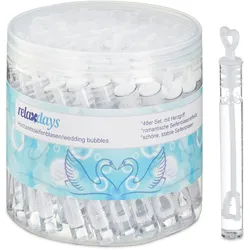 Relaxdays Seifenblasen Hochzeit, 48er Set, Seifenblasenröhrchen mit Herzgriff, Gastgeschenk, Herz-Seifenblasen, weiß