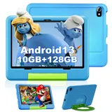 Kinder Tablet 10 Zoll Android 13, 10 GB RAM + 128 GB ROM / 1 TB, Octa-Core, 1080P IPS, Kids Tablet mit Kindersicherung, 6000 mAh, Dual-Kamera, WiFi, Bluetooth 5.0, Tablet Kinder mit Hüllen, Blau