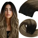 YoungSee Echthaar Tressen Schwarz Balayage Tressen Echthaar zum Einnahen Balayage Haartressen Echthaar 35cm Weave Extensions Echthaar Doppelt Tressen Weft Hair Extensions Echthaar 100g #1B/4/27