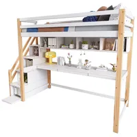 autolock Kinderbett Hochbett mit Stauraumtreppe,aus Kiefernholz,Etagenbett,Kinderbett, mit großen Schreibtisch und Regalen,Umweltfreundliche Farben beige