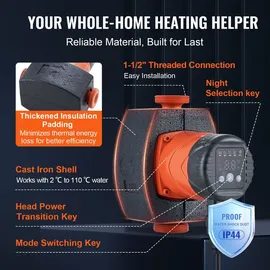 Vevor Heizungspumpe 6 m Förderhöhe, Umwälzpumpe, 220 V, 45 W, 60 L/min, hocheffiziente Umwälzpumpe, automatische Wasserumwälzpumpe, 1-1/2 Zoll...
