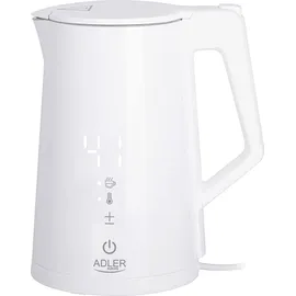 Adler Wasserkocher mit Temperatureinstellung (40-100°C) weiß, LED Touch Dispaly Digital, 2200W, 1,7 Liter 360° Basis - Weiß