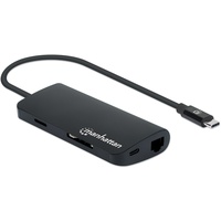 Manhattan USB-C Multiport-Adapter, USB-C-Stecker auf HDMI-Buchse (4K@30Hz), drei USB-A-Ports, USB-C Power Delivery-Port (PD 3.0), Gigabit RJ45-Port und SD/MicroSD Card Reader, Ports (x5):