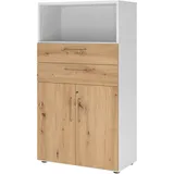 bümö flexi Aktenschrank abschließbar mit Flügeltüren & 2 Schubladen in Weiß/Asteiche, Büroschrank mit werkzeuglosem Schnellmontage-Klicksysten in
