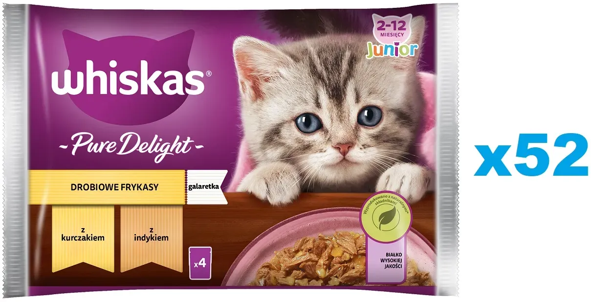 WHISKAS Junior 52x85g Geflügel-Gelee-Nassfutter für Kätzchen mit: Huhn, Truthahn