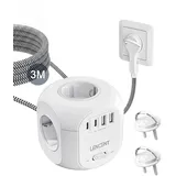 LENCENT 4 Fach Steckdosenleiste Flachstecker Steckdosenwürfel Mehrfachsteckdose 8 in 1 Cube Steckdose Steckerleiste mit 2 USB&2 Typ-C, Mehrfachstecker mit 3 Meter Geflochtenem Kabel für Wandsteckdose