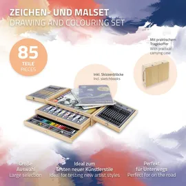 ECD Germany Malset Koffer 85-teilig, Künstlerset Maler, inkl 3 Zeichenblock, Acrylpad & Zubehör, Malkoffer Kunstbedarf für Einsteiger & Profis