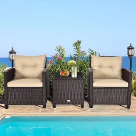 Goplus Balkonmöbel Set Polyrattan Gartenmöbel Tisch Stühle Lounge Kissen Beige - Beige