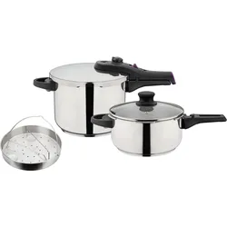 Schnellkochtopf »System RAPID«, Edelstahl 18/8, (Set, 6 tlg.), Dampfkochtopf zum Bio-/Schnellgaren, 2 Garstufen, Induktion, 38954928-0 silberfarben Ø 22 cm