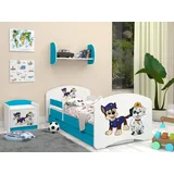 HAPPY BABIES Kinderbett - mit Rausfallschutz Junge 140x70 Bett für Kinderzimmer mit Schublade & Matratze Einzelbett für Kinder Weiß/Blau HundemotivBlau