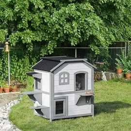 PawHut Katzenhaus aus Holz, Outdoor Katzenhütte mit Treppe, 2-Etagen, Kleintierhaus für Katzen bis 4,5 kg, Weiß, 99,5 x 76 x 91 cm - Weiß