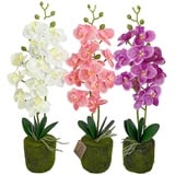 Murago - 3er Set Künstliche Orchidee ohne Topf ca.41cm - Kunstblumen Kunstpflanzen Blümchen Topfpflanze Orchideen Innendekoration Muttertag Rosa Koralle Pink Lila Weiß