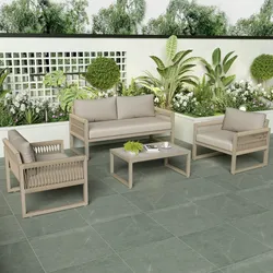 Merax Garten-Lounge-Set mit verzinktem Eisenrahmen, Gartenmöbel-Set aus Seil, khakifarbenem Seil mit Sitzkissen, verstellbaren Füßen, 4er-Set