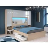 vente-unique Bett mit Stauraum 160 x 200 cm mit LED-Beleuchtung + Lattenrost - Holzfarben & glänzend weiß - VELONA