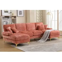 LVHOM Loungesofa mit Ottomane, 272x136x88 cm (LxBxH), frei Kombination, 4-6 Personen, (2xLiegestuhl, 1xZweisitzer-Sofa, 14 Kissen inkl. 4 Polster als Geschenk) 6-Sitzer Chenille U-Shape Sektionssofa/Modulares Sofaset/Schlafsofa/Ecksofa/Relaxliege, für Wohnzimmer,Schlafzimmer,Spielzimmer,Büro,Balkon,Hotel,Lounge,Bar rosa