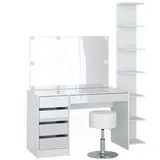 Vicco Schminktisch Sherry Weiß 4 Teile, mit Aufbewahrungsregal Spiegel, Hocker, LED
