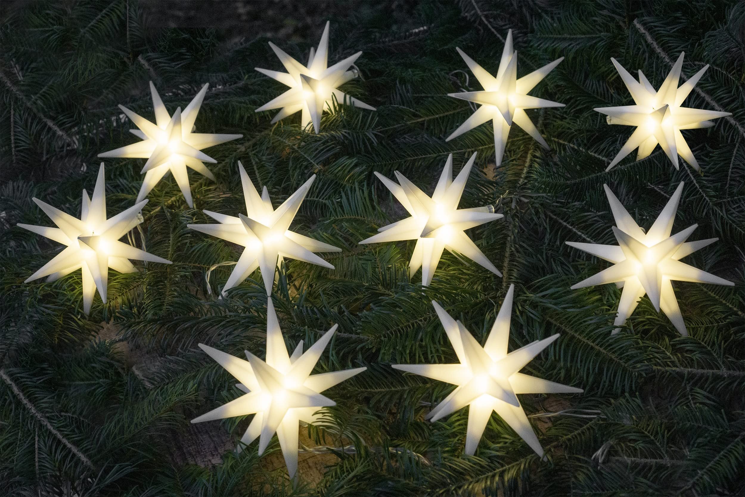 GURU SHOP Sternenkette, Lichterkette mit 10 x LED Adventsstern, Außenstern, Weihnachtsstern Ø 12cm, Länge 12,5 m, mit Timer - Weiß, Kunststoff, 12x12x12 cm, Weihnachtsstern, Adventsstern