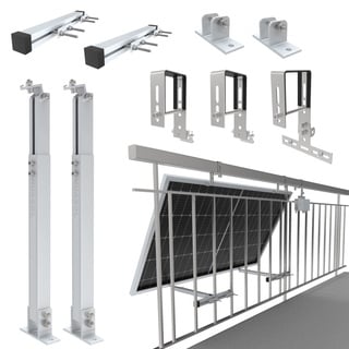 NuaSol - Balkonkraftwerkhalterung Geländer Befestigung für 1 Solarmodul und ein Wechselrichter Photovoltaik Eckig Set Neigungswinkel 0° & 25-45° Geländerbreite bis 80x80mm, Silber