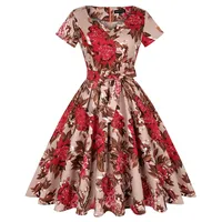 MINTLIMIT Damen Retro Kleider Rockabilly Hepburn Faltenrock Floral Schwingen Cocktail Vintage Kleid mit Taschen und Gürtel(Blumen Hellbraun,Größe M) - M