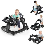 GOPLUS 4 in 1 Baby Lauflernhilfe, Lauflernwagen höhenverstellbar mit Licht & Musik, Baby Walker Autoförmig mit Einstellbarer Geschwindigkeit, Gehfrei für Kinder ab 6 Monaten (Schwarz)