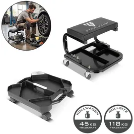 STAHLWERK Werkstatthocker Kunstleder schwarz 118 kg mobiler Werkzeug Organizer mit 5 Fächern