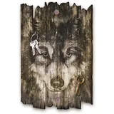 Kreative Feder Wolf Designer Schlüsselbrett, Hakenleiste im Landhaus-Stil, Shabby-Chic aus Holz 30x20cm (Wolf)