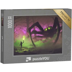 puzzleYOU Puzzle Puzzle 1000 Teile XXL „Junge mit einer Fackel vor einer riesigen Spinn, 1000 Puzzleteile, puzzleYOU-Kollektionen Fantasy