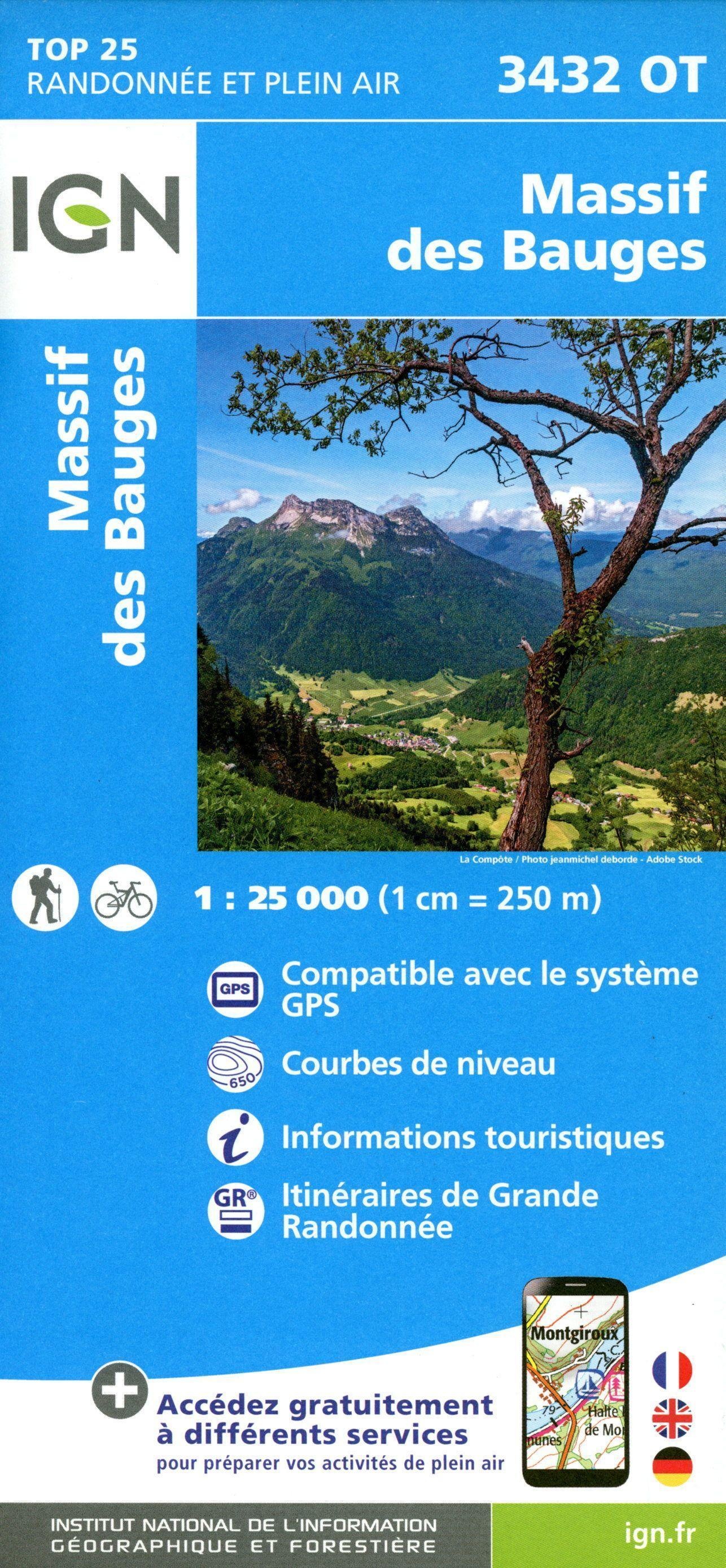 Ign Topographische Karte 1:25T Série Bleue / 3432Ot / 3432Ot Massif Des Bauges  Karte (im Sinne von Landkarte)