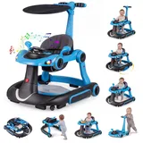 COSTWAY 7 in 1 Lauflernhilfe mit Verdeck, Lauflerwagen mit einstellbarer Höhe & Geschwindigkeit, Baby Walker klappbar mit Spielboard, Musik, Licht & Rädern, Gehfrei Baby ab 6 Monaten (Blau)