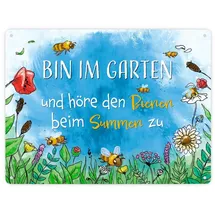 speecheese Bin im Garten Metallschild XXL in 28x38 cm mit Blumenwiese und Bienen als Dekoration für den Garten oder den Gartenzaun im Frühling
